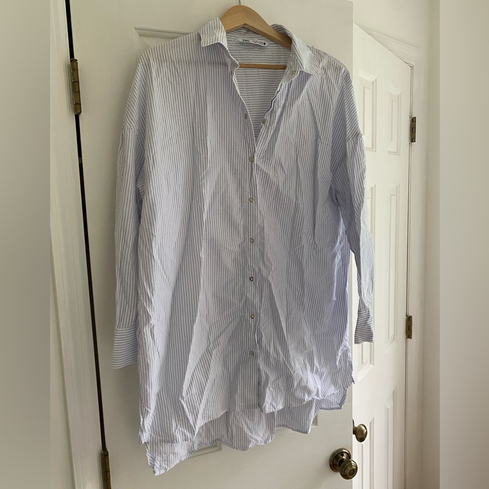 Zara Striped White and blue Oversized Shirt Dress Size L.
